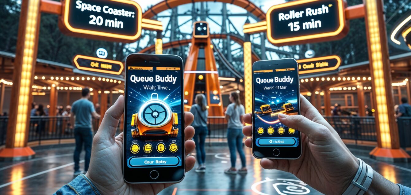 Leonardo Phoenix 10 people in amusement park using smartphones 0